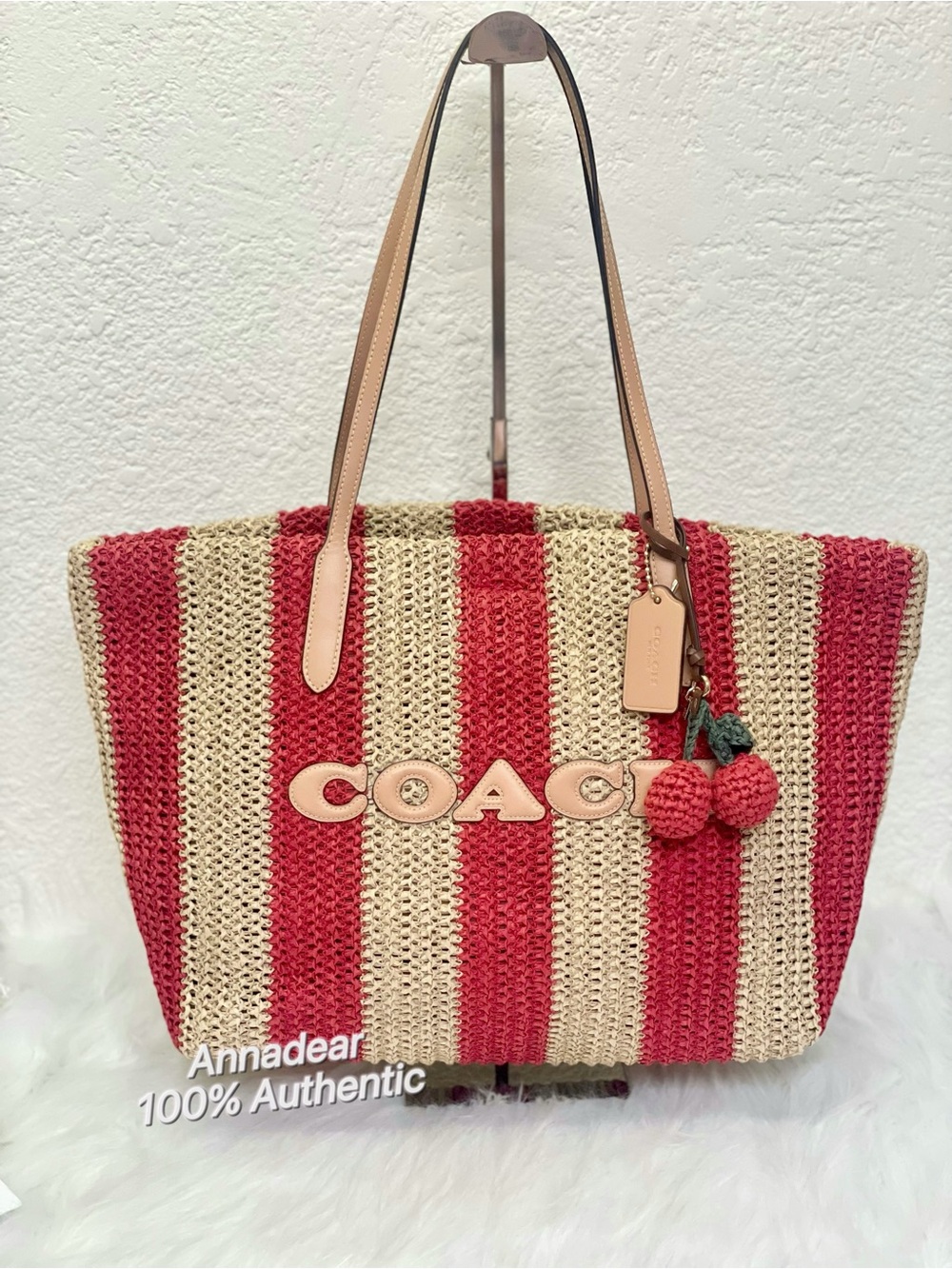 Coach CER30 City Tote Bag With Stripes And Charm straw/Gold/Red/Tan NWT